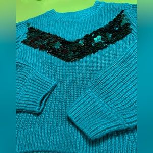 11-12Y Boden teal knit sweater with big mermaid green sequins holiday glam shirt